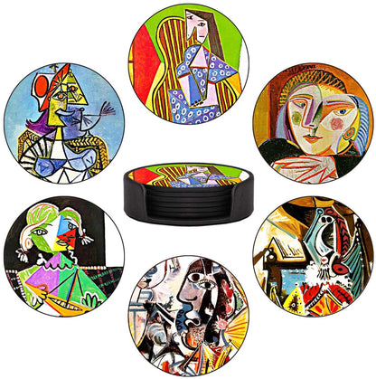 Coasters Set of 6 - Van Gogh Style PU Leather Coasters for Drinks with Holder - Handmade Round Drink Coasters Set for Home Decor and Housewarming Gift