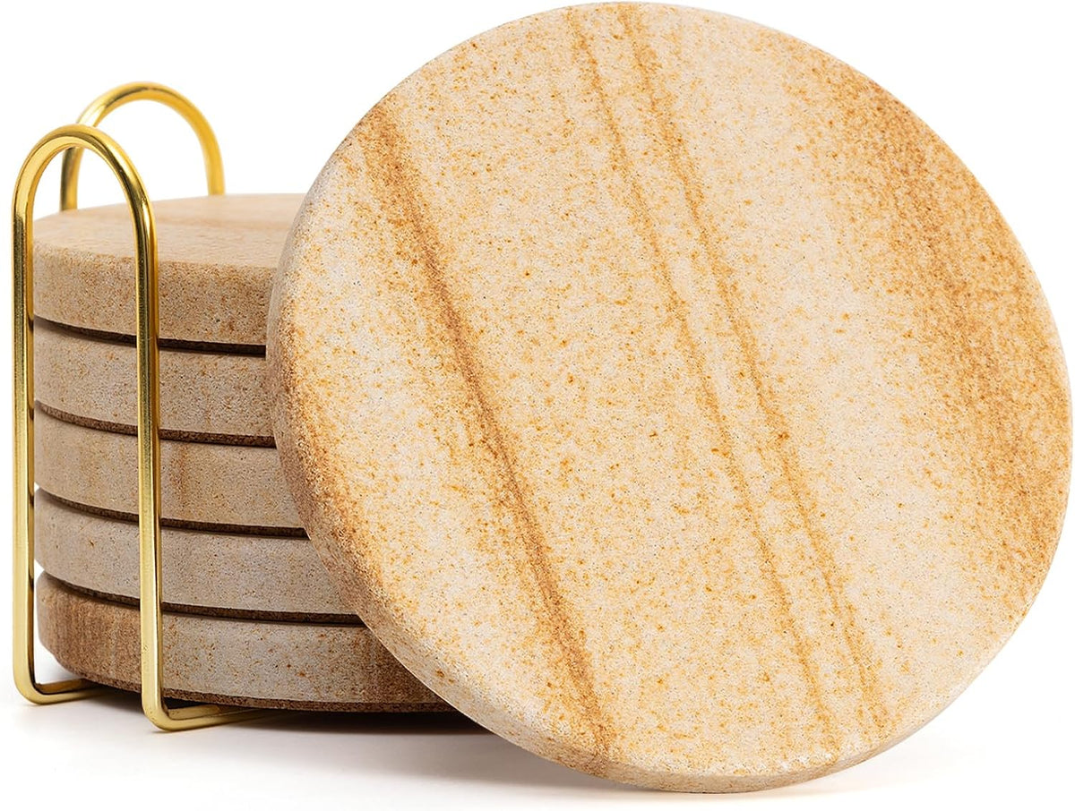 Absorbent Sandstone Drink Coasters Set of 6 with Holder, 4" Round