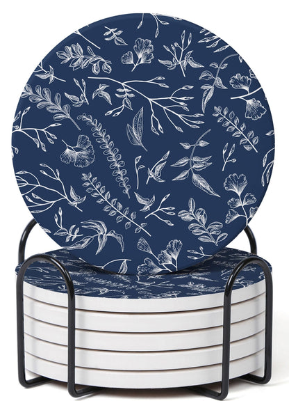 Set of 6 Floral Blue and White Coasters with Holder, Absorbent Ceramic Drink Coasters with Cork Backing for Table Protection, Coffee Table Décor