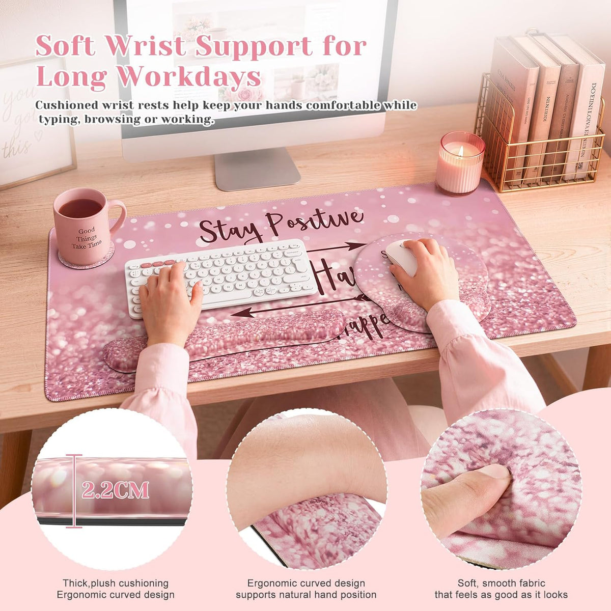 iCasso Pink Ergonomic Mouse Pad with Wrist Rests Set for Desk Accessories