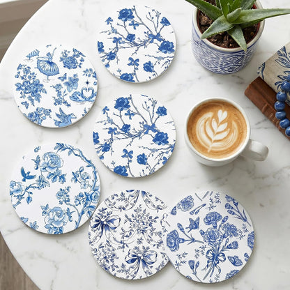 Blue and White Coasters Set of 6, Blue White Floral Ceramic Coasters with Holder Cork Base, Drink Absorbent Coffee Table Protection Home Decor, Christmas Housewarming Gifts