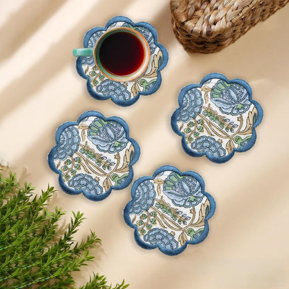 Ridhi 8-Pcs 100% Cotton Hand Block Print Drink Coasters 5" in Steel Blue