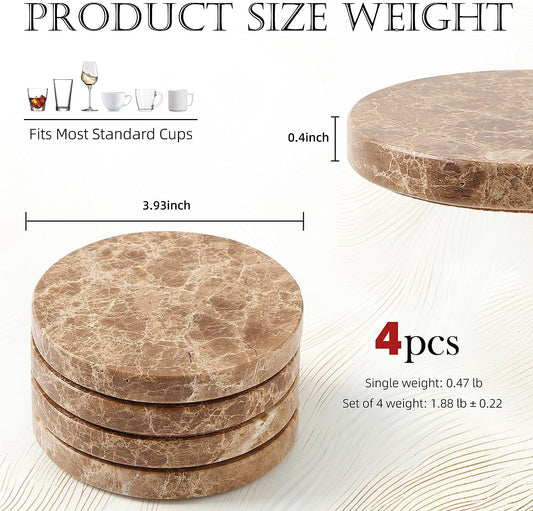 Natural Marble Coaster Set of 4.Round Drinks Coasters,Non-Ceramic/Non-Resin