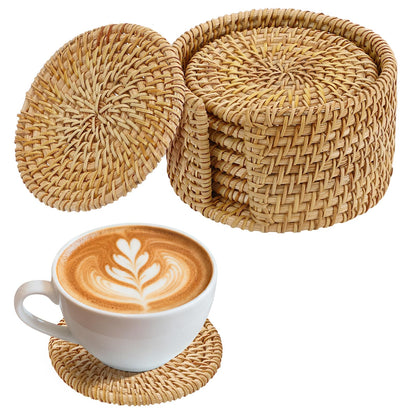 Handmade Rattan Coasters Set of 6 with Holder, Farmhouse Home Decor