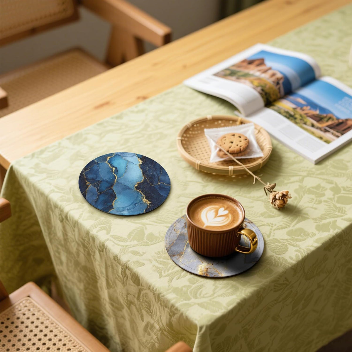 Marble Coasters Leather Round Drink Coasters 6 Pcs Set with Holderor for Cup Drink Coffee Table Bar Home Decor