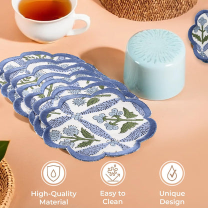 Ridhi 8-Pcs 100% Cotton Hand Block Print Drink Coasters 5" in Steel Blue
