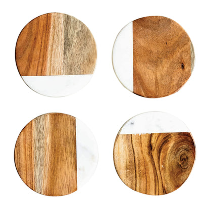 Creative Co-Op 4-Piece Marble and Mango Wood Hexagon Coasters, White and Natural