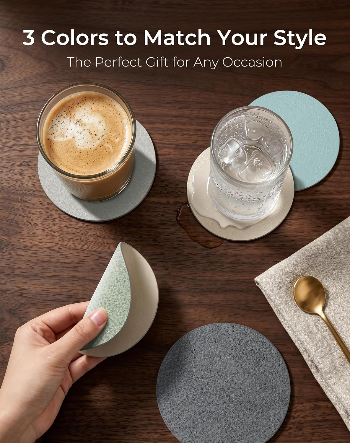 Reversible Leather Coasters Set of 18 with Holder, 4" Round Waterproof Heat-Resistant Non-Slip Cup Mats for Coffee Table, Bar, Dining Room