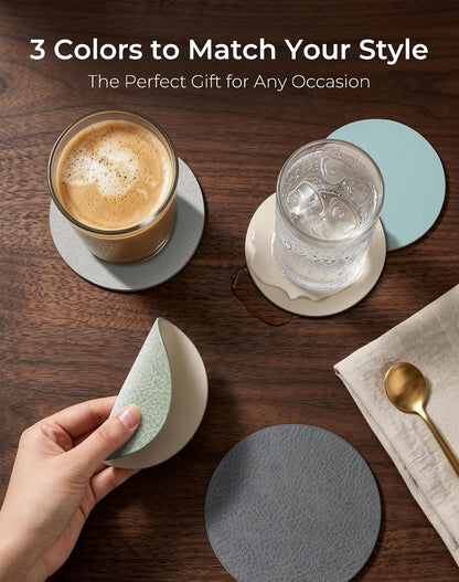 Reversible Leather Coasters Set of 18 with Holder, 4" Round Waterproof Heat-Resistant Non-Slip Cup Mats for Coffee Table, Bar, Dining Room