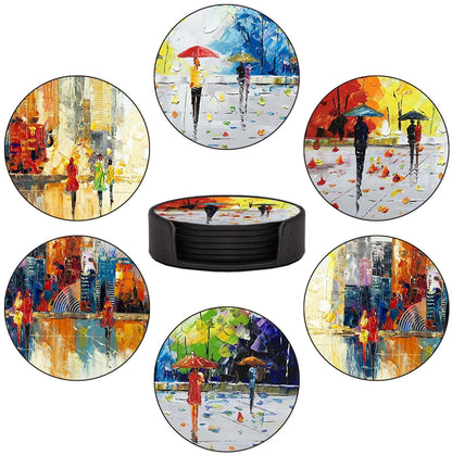 Coasters Set of 6 - Van Gogh Style PU Leather Coasters for Drinks with Holder - Handmade Round Drink Coasters Set for Home Decor and Housewarming Gift