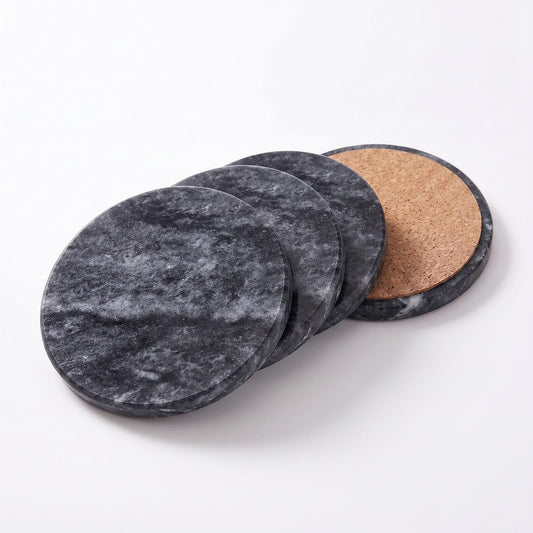 Midnight Black Marble Coasters Set of 4 with Cork Backing