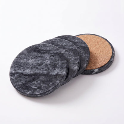 Midnight Black Marble Coasters Set of 4 with Cork Backing