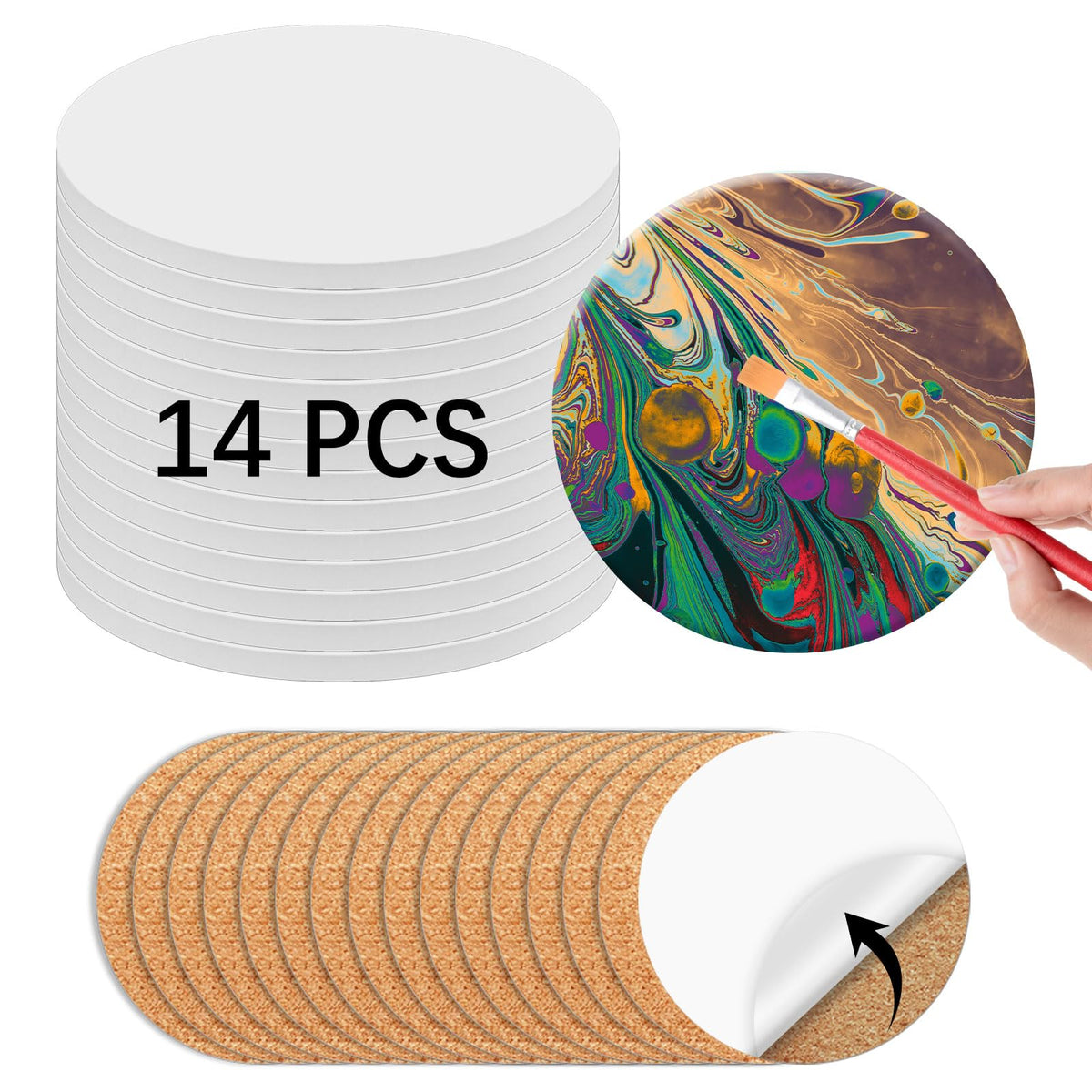 24 Pcs Round Ceramic Tiles for Crafts 4x4 inches，Equipped with self Adhesive Cork mat, unglazed Ceramic Coasters for Crafts,Use with Alcohol Ink or Acrylic Pouring Make Your Own DIY Coasters