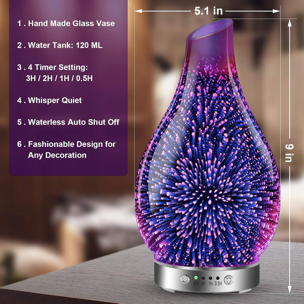MAXWINER Essential Oil Diffusers Ultrasonic 3D Glass Aromatherapy Diffuser