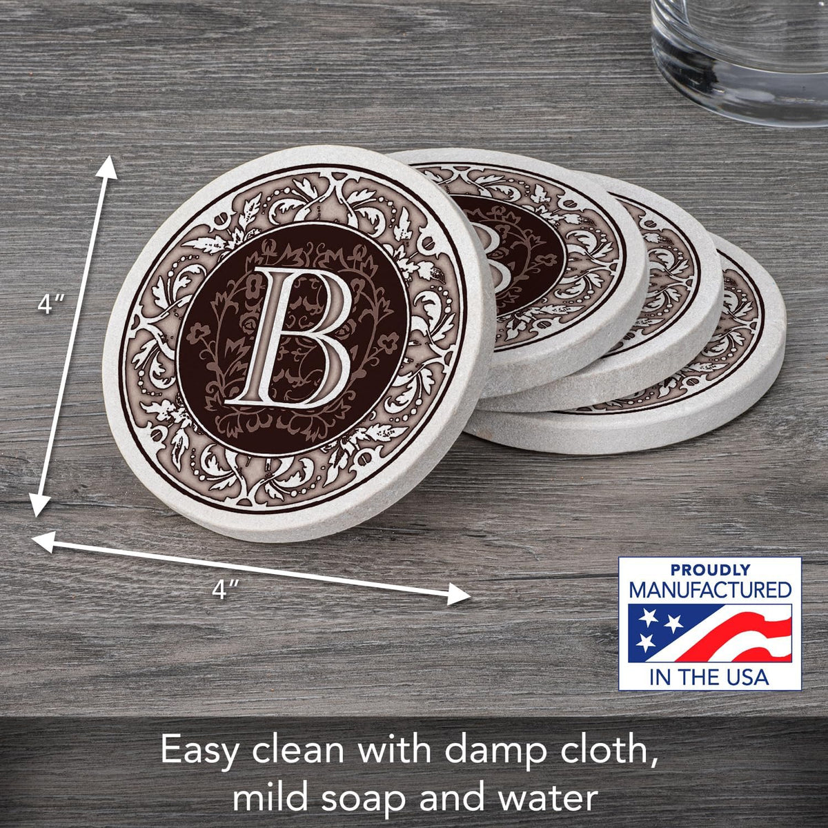 Thirstystone Monogram Round Natural Sandstone Coaster 4 Pack (Letter B)
