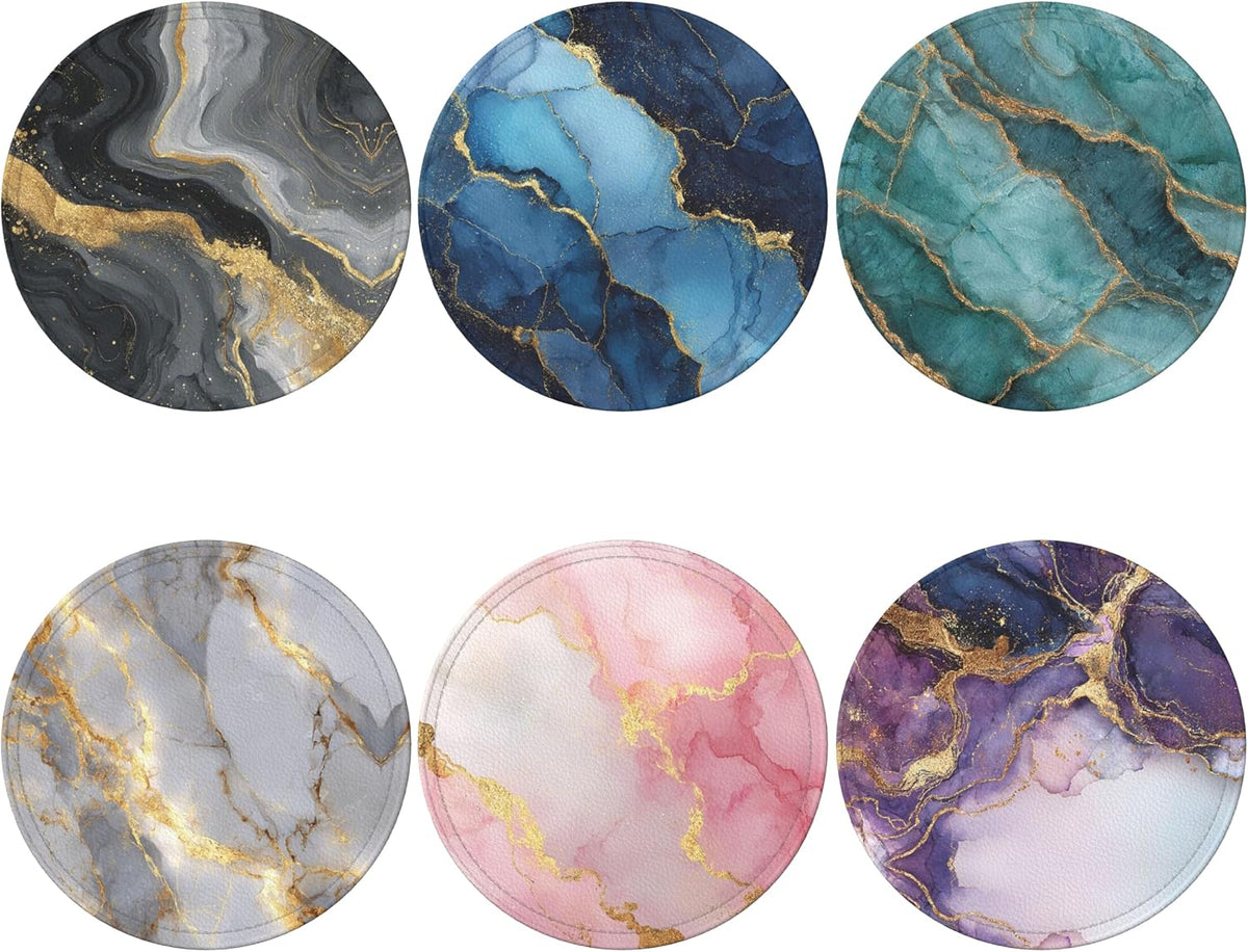 Marble Coasters Leather Round Drink Coasters 6 Pcs Set with Holderor for Cup Drink Coffee Table Bar Home Decor