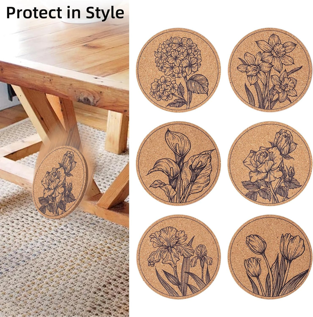 Cork Coasters for Drinks Absorbent Non Slip 12pcs 4 Inch Flower