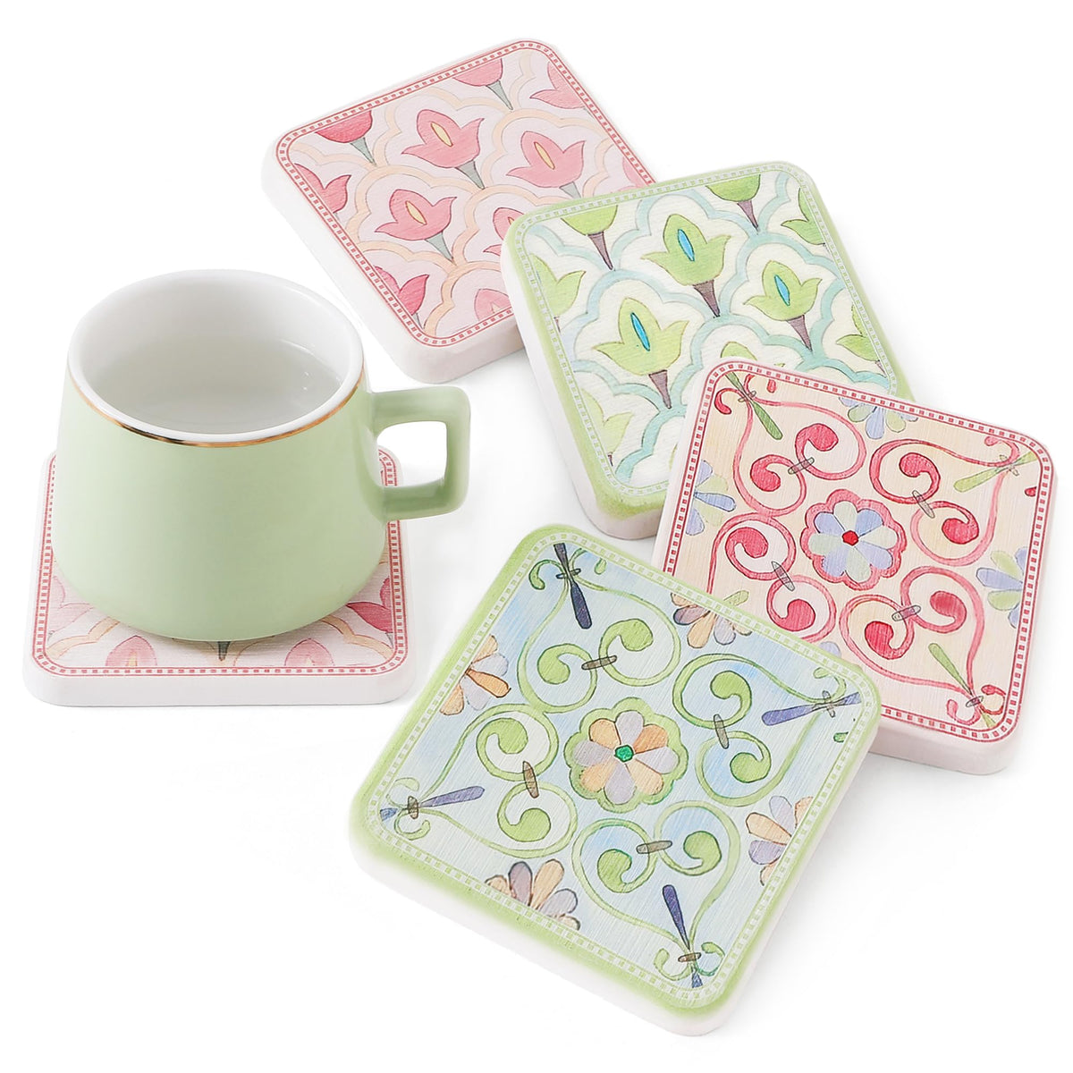 Coasters Set of 4, Square Drink Coasters Vintage Diatomite Coaster Cup Mats