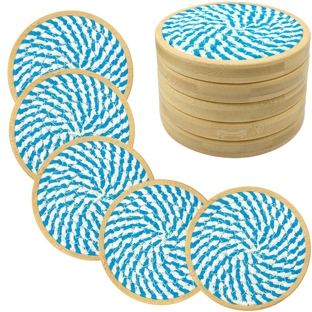 Eykao 5 Pack Coasters for Drinks Absorbent, 4.3 inches Woven Coasters for Coffee Tables, Wooden Drink Coasters for Table Protection, Reusable Drink Coasters for Kitchen, Farmhouse, Bar, Office, Brown