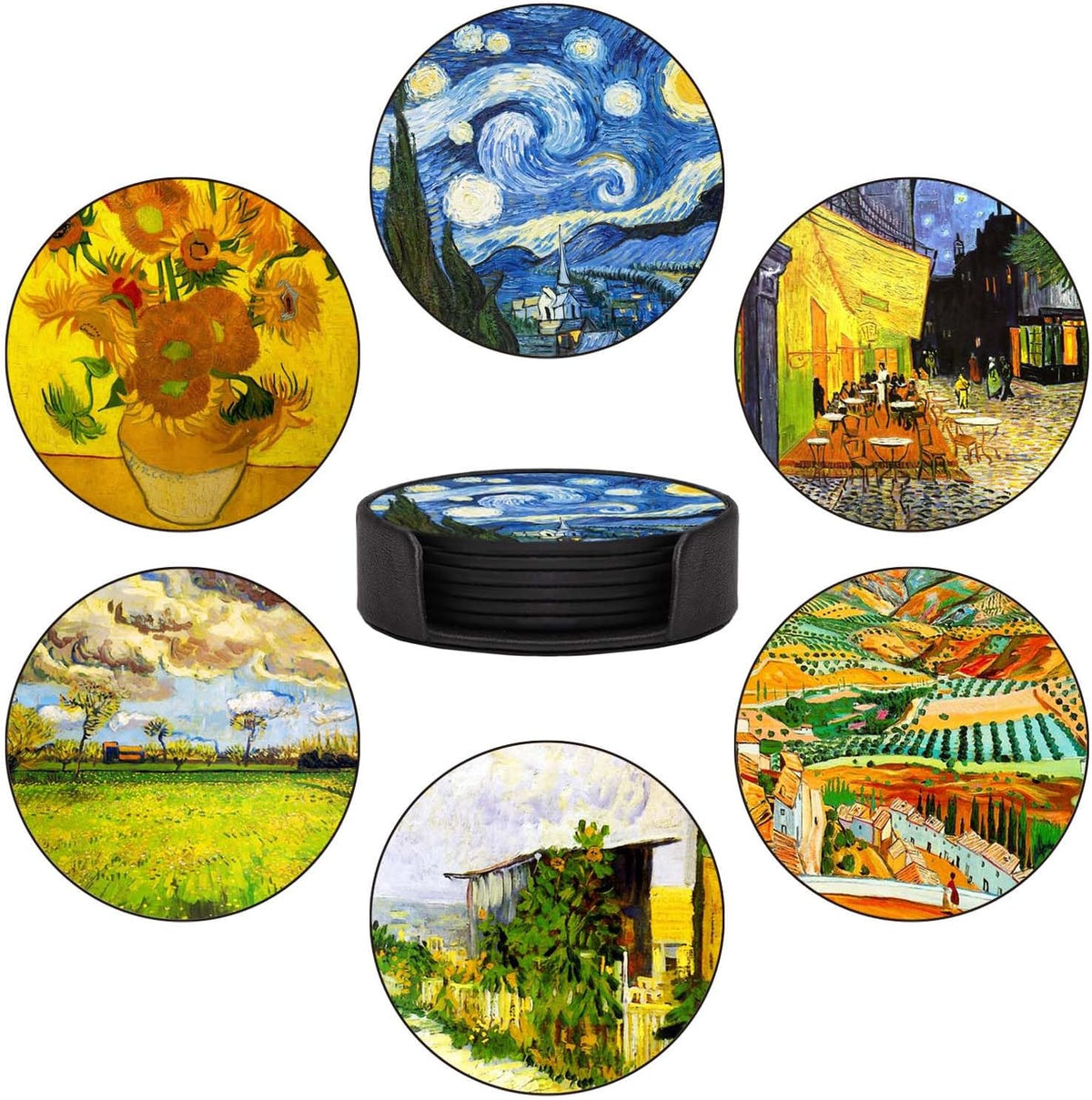 Coasters Set of 6 - Van Gogh Style PU Leather Coasters for Drinks with Holder - Handmade Round Drink Coasters Set for Home Decor and Housewarming Gift