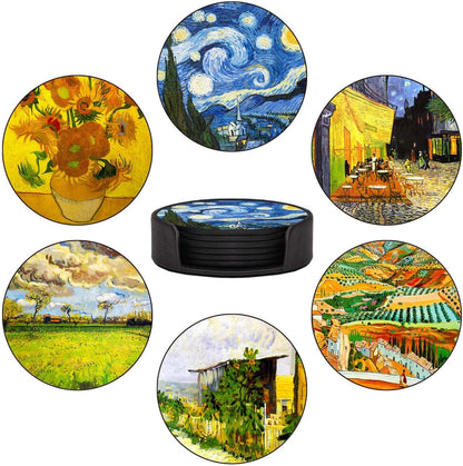 Coasters Set of 6 - Van Gogh Style PU Leather Coasters for Drinks with Holder - Handmade Round Drink Coasters Set for Home Decor and Housewarming Gift
