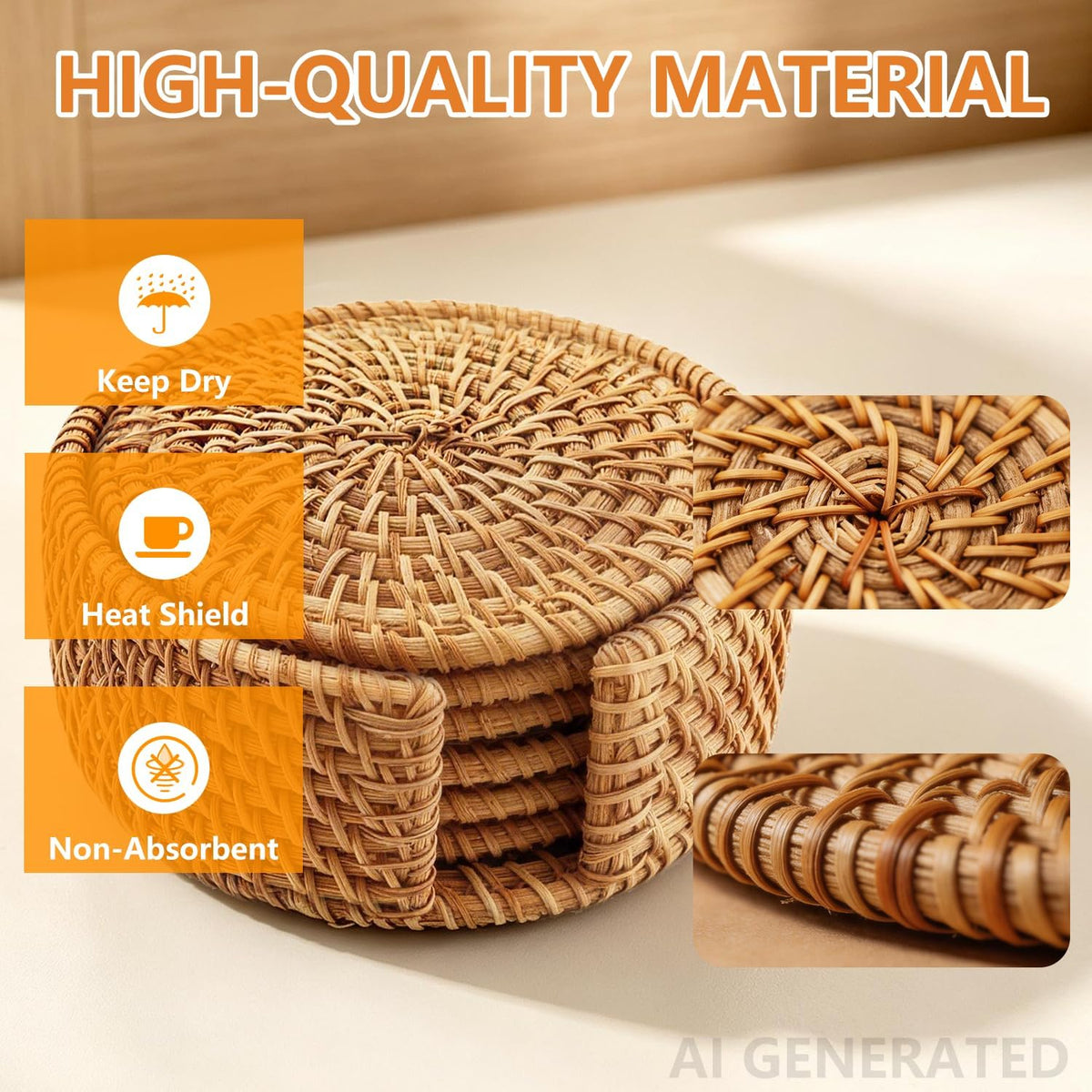 6PCS Natural Handmade Rattan Coasters with Holder - Wicker Drink Coasters Set, Housewarming Gifts Coastal Decoration Boho Coasters
