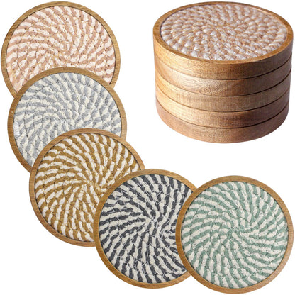 Eykao 5 Pack Coasters for Drinks Absorbent, 4.3 inches Woven Coasters for Coffee Tables, Wooden Drink Coasters for Table Protection, Reusable Drink Coasters for Kitchen, Farmhouse, Bar, Office, Brown