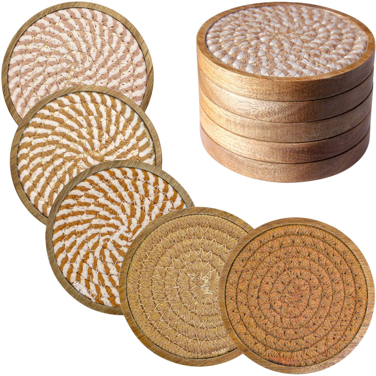 Eykao 5 Pack Coasters for Drinks Absorbent, 4.3 inches Woven Coasters for Coffee Tables, Wooden Drink Coasters for Table Protection, Reusable Drink Coasters for Kitchen, Farmhouse, Bar, Office, Brown