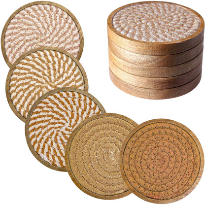 Eykao 5 Pack Coasters for Drinks Absorbent, 4.3 inches Woven Coasters for Coffee Tables, Wooden Drink Coasters for Table Protection, Reusable Drink Coasters for Kitchen, Farmhouse, Bar, Office, Brown