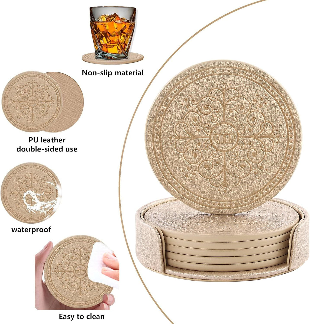 Coasters Set of 6 - PU Leather Coasters for Drinks with Holder - Gold