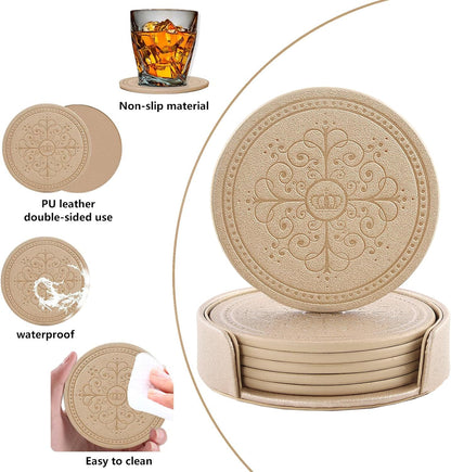Coasters Set of 6 - PU Leather Coasters for Drinks with Holder - Gold