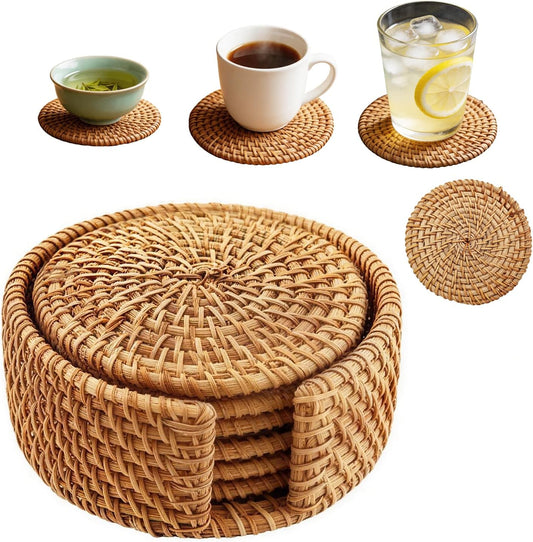 6PCS Natural Handmade Rattan Coasters with Holder - Wicker Drink Coasters Set, Housewarming Gifts Coastal Decoration Boho Coasters