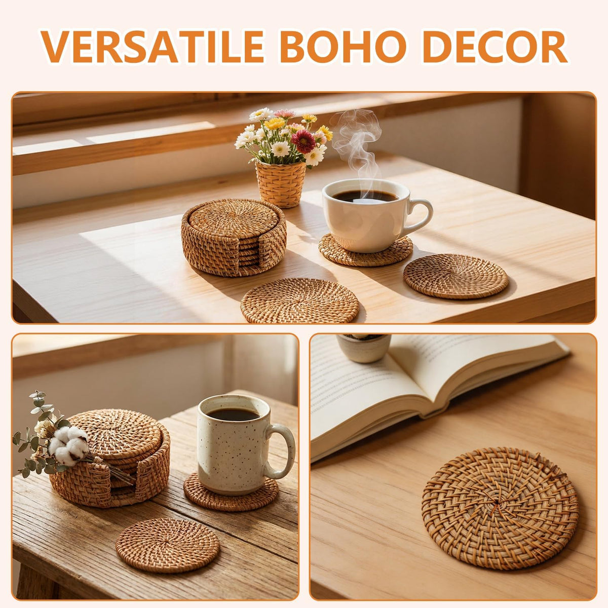 6PCS Natural Handmade Rattan Coasters with Holder - Wicker Drink Coasters Set, Housewarming Gifts Coastal Decoration Boho Coasters
