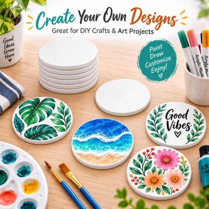 24 Pcs Round Ceramic Tiles for Crafts 4x4 inches，Equipped with self Adhesive Cork mat, unglazed Ceramic Coasters for Crafts,Use with Alcohol Ink or Acrylic Pouring Make Your Own DIY Coasters
