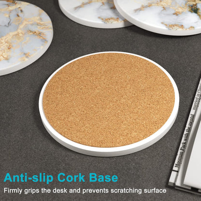 Nipichsha Coasters for Drinks, Set of 6 Cute Absorbent Ceramic Drink Coasters for Cup with Holder and Cork Base, Kitchen Home Decor Housewarming Gift, Round 4 in, White Gray Gold