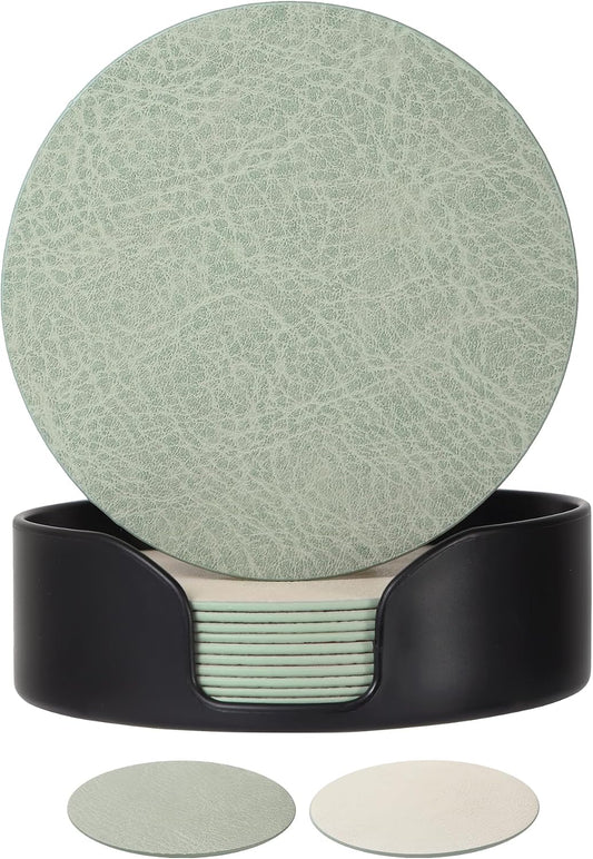 Reversible Leather Coasters Set of 18 with Holder, 4" Round Waterproof Heat-Resistant Non-Slip Cup Mats for Coffee Table, Bar, Dining Room