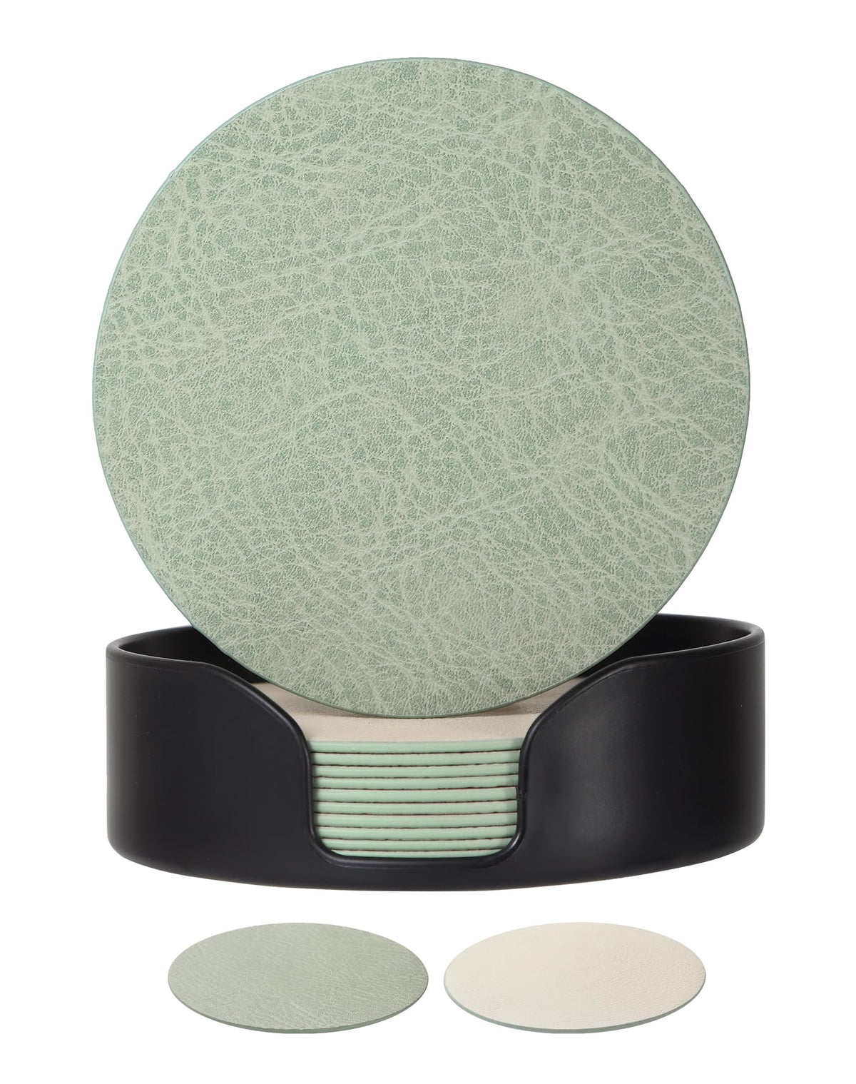 Reversible Leather Coasters Set of 18 with Holder, 4" Round Waterproof Heat-Resistant Non-Slip Cup Mats for Coffee Table, Bar, Dining Room
