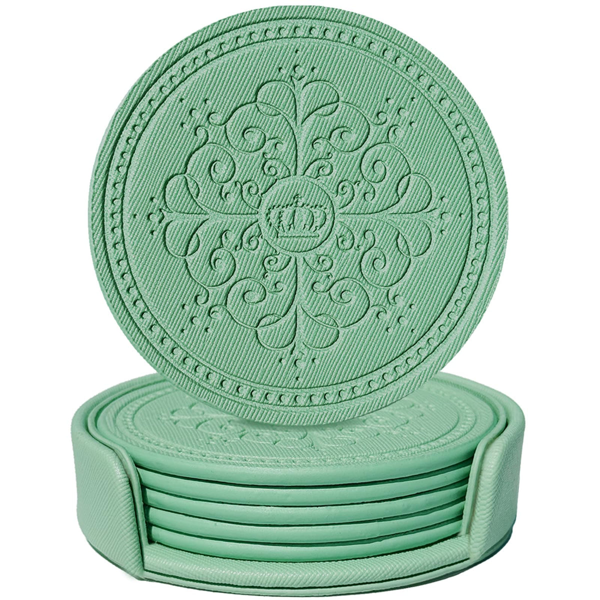 Coasters Set of 6 - PU Leather Coasters for Drinks with Holder - Gold