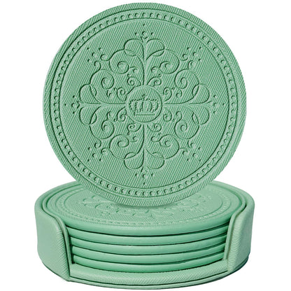 Coasters Set of 6 - PU Leather Coasters for Drinks with Holder - Gold
