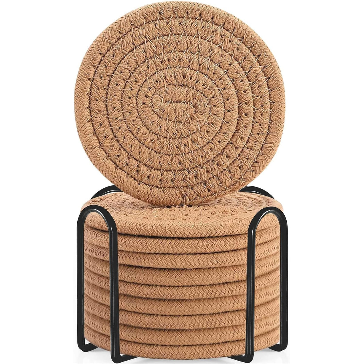 ABenkle 8 Pcs Drink Coasters with Holder, Cotton Woven Absorbent Coasters for Drinks, Minimalist Home Decor Coaster Set for Wooden Tabletop Protection Table, 4.3 inches