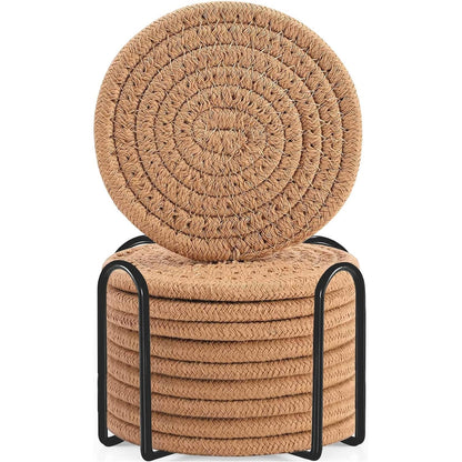ABenkle 8 Pcs Drink Coasters with Holder, Cotton Woven Absorbent Coasters for Drinks, Minimalist Home Decor Coaster Set for Wooden Tabletop Protection Table, 4.3 inches