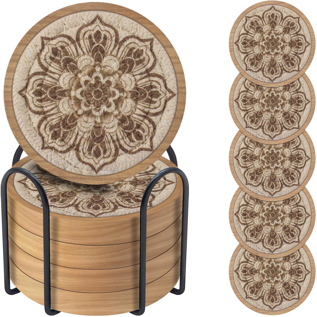 Wood Coasters for Drinks, Eykao Absorbent Coaster Sets of 5, Woven Drink Coasters for Coffee Table, Housewarming Gift for Farmhouse Home Decor,4 inches