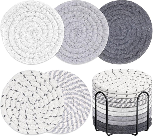 Billbotk 10 Pieces Coasters for Drink Absorbent, 5 Colors Drink Coasters with Holder, Woven Coasters Set for Coffee Table, Wooden Table Decor, Home Decor, 4.3 Inches