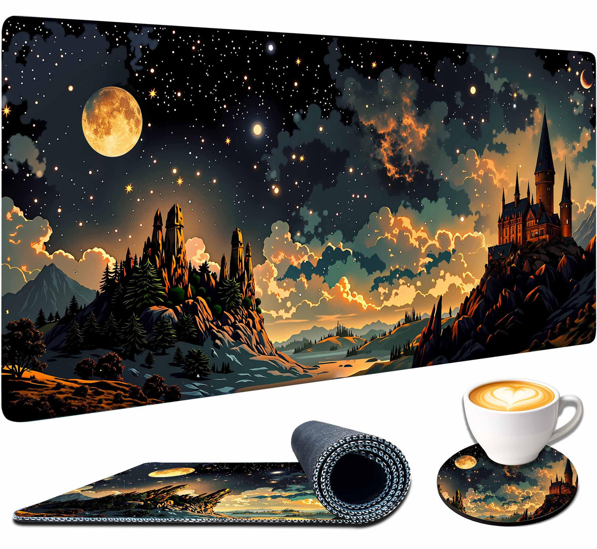 4-Piece Extended Large Mouse Pad Set for Women Men with Castle Night Design Includes 35.4 x 15.7 XXL Large Mouse Pad Keyboard Wrist Rest Mouse Wrist Support and Coaster for Office Home