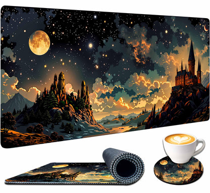 4-Piece Extended Large Mouse Pad Set for Women Men with Castle Night Design Includes 35.4 x 15.7 XXL Large Mouse Pad Keyboard Wrist Rest Mouse Wrist Support and Coaster for Office Home