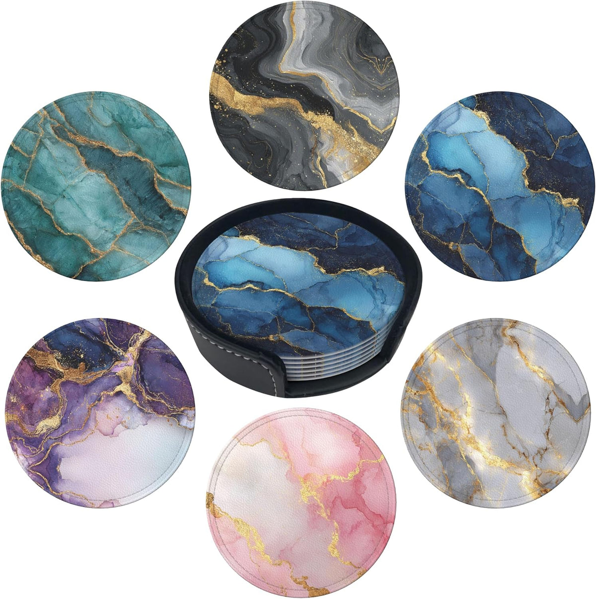 Marble Coasters Leather Round Drink Coasters 6 Pcs Set with Holderor for Cup Drink Coffee Table Bar Home Decor
