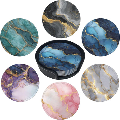 Marble Coasters Leather Round Drink Coasters 6 Pcs Set with Holderor for Cup Drink Coffee Table Bar Home Decor