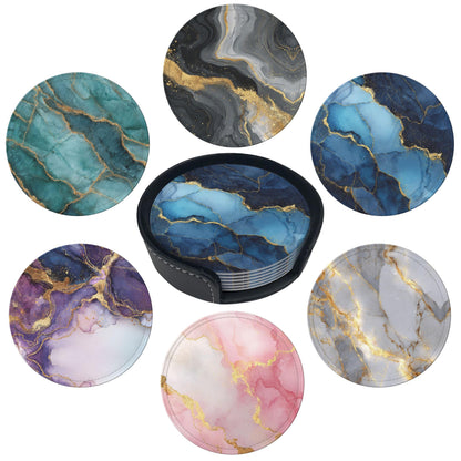 Marble Coasters Leather Round Drink Coasters 6 Pcs Set with Holderor for Cup Drink Coffee Table Bar Home Decor