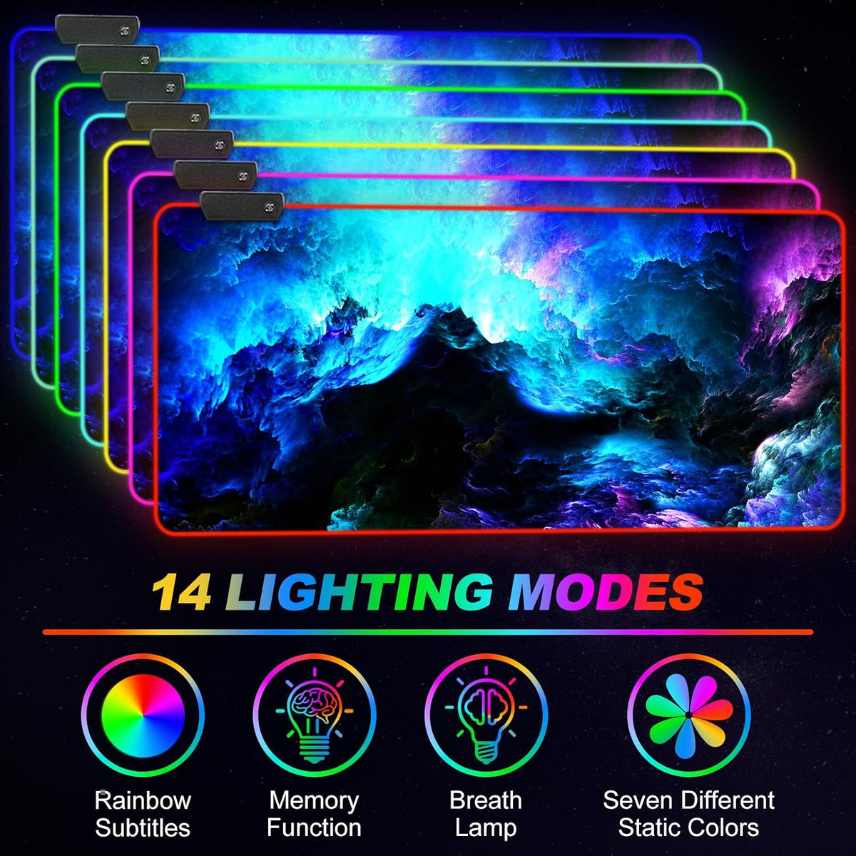 ARTSO RGB Gaming Mouse Pad Large, Extended LED Mouse Mat XXL 35.4x15.7 inch, 14 Lighting Modes, 2 Brightness, Non-Slip Rubber Base Mousepad Waterproof Keyboard Mat,Fantasy Nebula Sky