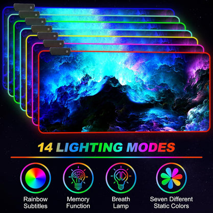 ARTSO RGB Gaming Mouse Pad Large, Extended LED Mouse Mat XXL 35.4x15.7 inch, 14 Lighting Modes, 2 Brightness, Non-Slip Rubber Base Mousepad Waterproof Keyboard Mat,Fantasy Nebula Sky